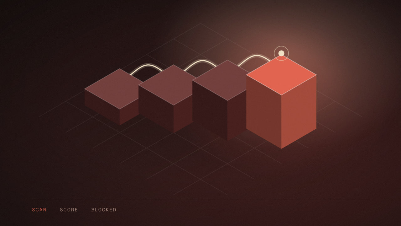 Four isometric blocks rising left to right, the last one lit and marked, showing a score that climbs until the user is blocked.